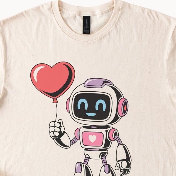 Cute Robot Heart Balloon Tee Valentine Love Shirt - Picture 2 of 6